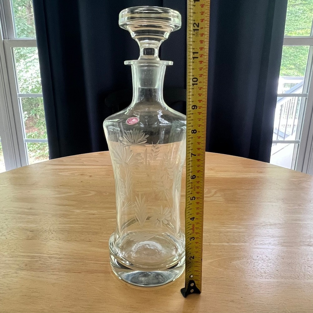Vintage Leonard Silver Summerfield Etched Glass Decanter Made in Romania 1970s